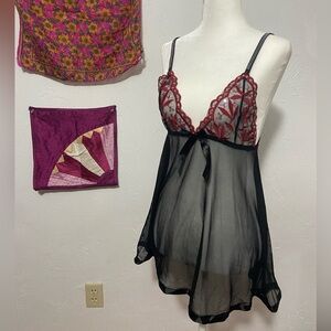 Vintage black and red rhinestone chemise babydoll lingerie